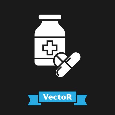 Beyaz Tıp şişe ve hap simgesi siyah arka plan üzerinde izole. Şişe hapı işareti. Eczane tasarımı. Vektör İllüstrasyonu