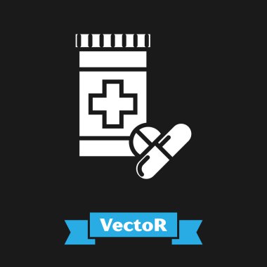 Beyaz Tıp şişe ve hap simgesi siyah arka plan üzerinde izole. Şişe hapı işareti. Eczane tasarımı. Vektör İllüstrasyonu