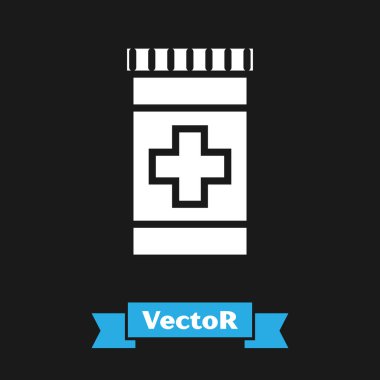 Siyah arka planda beyaz ilaç şişesi simgesi var. Şişe hapı işareti. Eczane tasarımı. Vektör İllüstrasyonu
