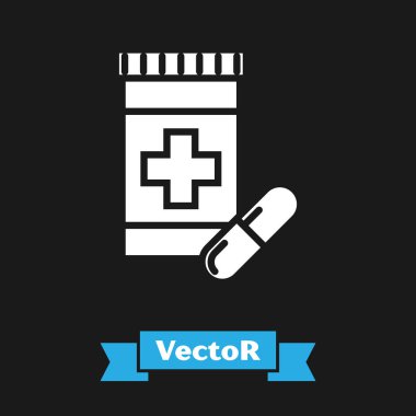 Beyaz Tıp şişe ve hap simgesi siyah arka plan üzerinde izole. Şişe hapı işareti. Eczane tasarımı. Vektör İllüstrasyonu