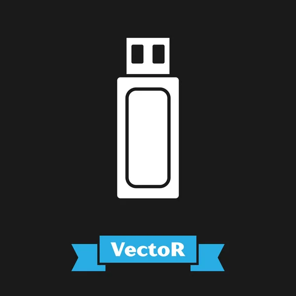 Icono blanco de la unidad flash USB aislado sobre fondo negro. Ilustración vectorial — Vector de stock