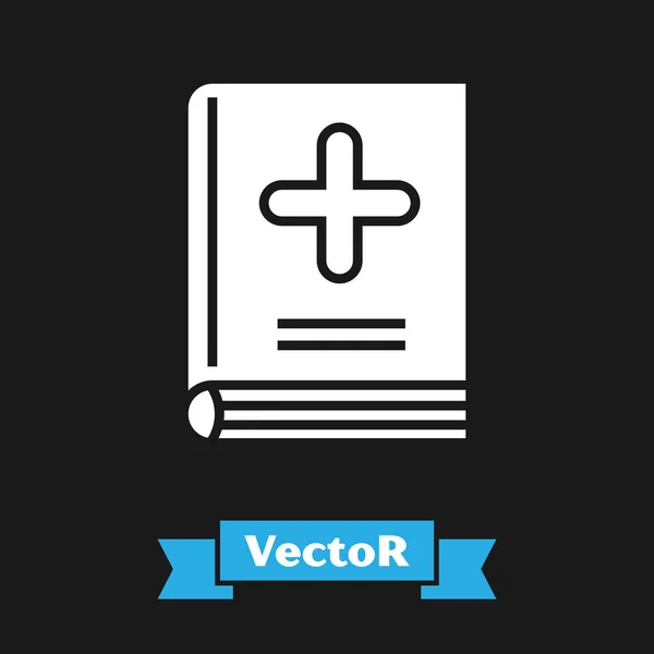 Icono del libro médico blanco aislado sobre fondo negro. Ilustración vectorial — Vector de stock