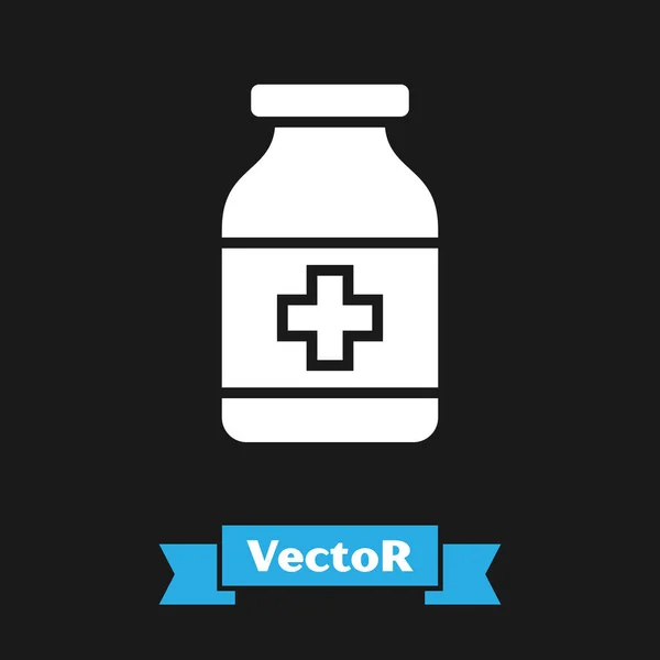 Weiße Medizin Flasche Symbol isoliert auf schwarzem Hintergrund. Flaschentablettenschild. Apothekendesign. Vektorillustration — Stockvektor