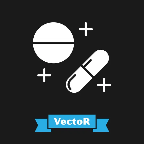 White Medicine pill or tablet icon isolated on black background. Capsule pill and drug sign. Pharmacy design. Vector Illustration