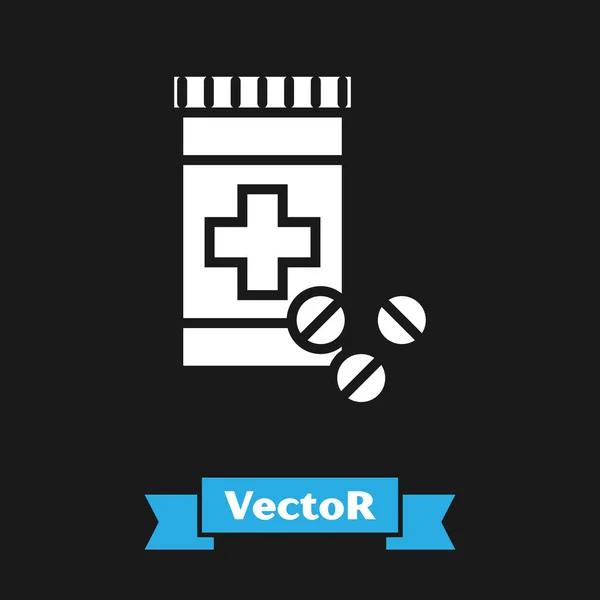 Garrafa de medicina branca e pílulas ícone isolado no fundo preto. Sinal de pílula de garrafa. Design de farmácia. Ilustração vetorial — Vetor de Stock