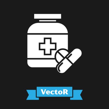 Beyaz Tıp şişe ve hap simgesi siyah arka plan üzerinde izole. Şişe hapı işareti. Eczane tasarımı. Vektör İllüstrasyonu