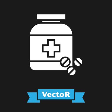 Beyaz Tıp şişe ve hap simgesi siyah arka plan üzerinde izole. Şişe hapı işareti. Eczane tasarımı. Vektör İllüstrasyonu