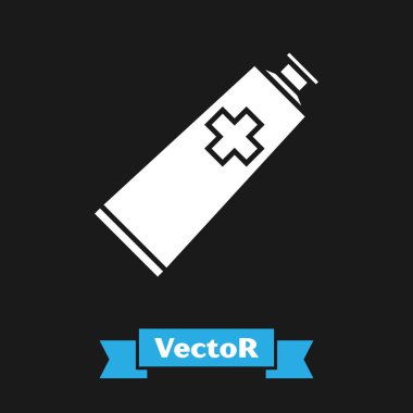 Beyaz merhem krem tüp tıp ikonu siyah arka planda izole edilmiş. Tüp, kap, diş macunu, krem rengi. Vektör İllüstrasyonu