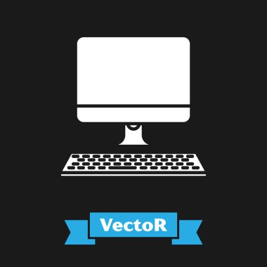 Siyah arka planda yalıtılmış klavye simgesine sahip Beyaz Bilgisayar monitörü. Pc bileşen işareti. Vektör İllüstrasyonu