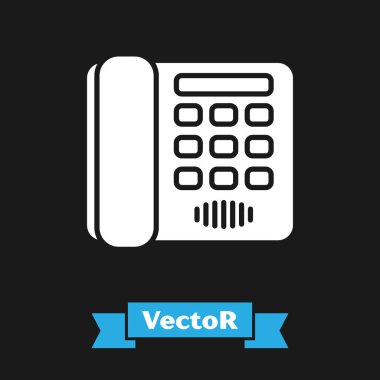 Beyaz Telefon simgesi siyah arkaplanda izole edildi. Sabit telefon. Vektör İllüstrasyonu