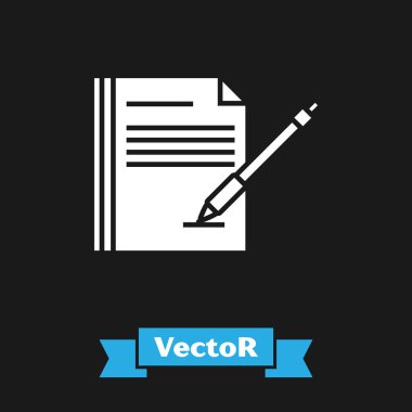 Beyaz Boş dizüstü bilgisayar ve kalem simgesi siyah arka planda yalıtılmış. Kağıt ve kalem. Vektör İllüstrasyonu