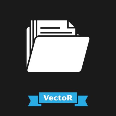 Beyaz Belge klasörü simgesi siyah arkaplanda izole edildi. Muhasebe klasörü sembolü. Muhasebe yönetimi. Vektör İllüstrasyonu