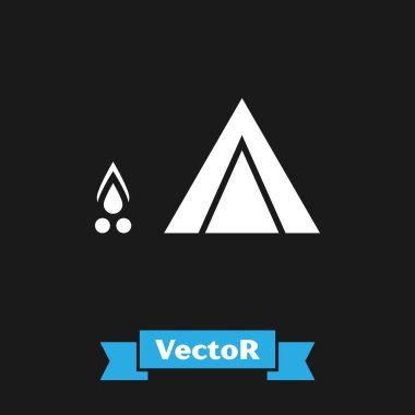 Siyah arka plan üzerinde izole ahşap yangın simgesi ile Beyaz Turist çadır. Kamp sembolü. Vektör İllüstrasyonu