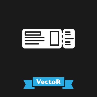 Beyaz Seyahat bilet simgesi siyah arka planda yalıtılmış. Tren, gemi, uçak, tramvay, otobüs taşımacılığı. Seyahat hizmeti konsepti. Vektör İllüstrasyonu