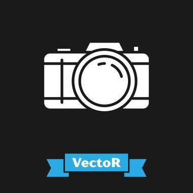 Siyah arkaplanda beyaz fotoğraf makinesi simgesi izole edildi. Fotoğraf makinesi simgesi. Vektör İllüstrasyonu