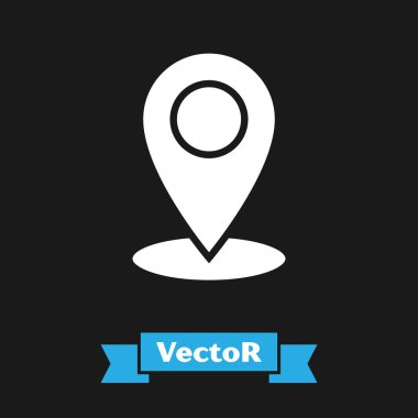 Siyah arka planda yalıtılmış Beyaz Harita pin simgesi. Navigasyon, işaretçi, yer, harita, gps, yön, yer, pusula, iletişim, arama konsepti. Vektör İllüstrasyonu