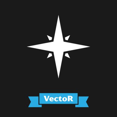 Beyaz Rüzgar gül simgesi siyah arkaplanda izole edildi. Seyahat için pusula simgesi. Navigasyon tasarımı. Vektör İllüstrasyonu