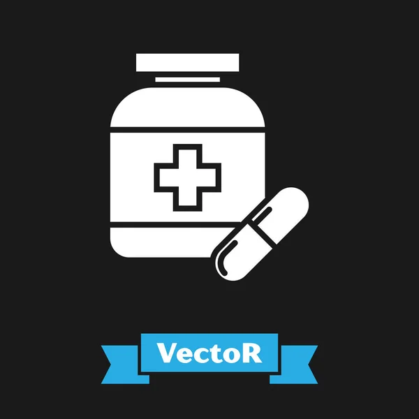 Weiße Medizinflasche und Pillen-Symbol isoliert auf schwarzem Hintergrund. Flaschentabletten-Schild. Apothekendesign. Vektorillustration — Stockvektor