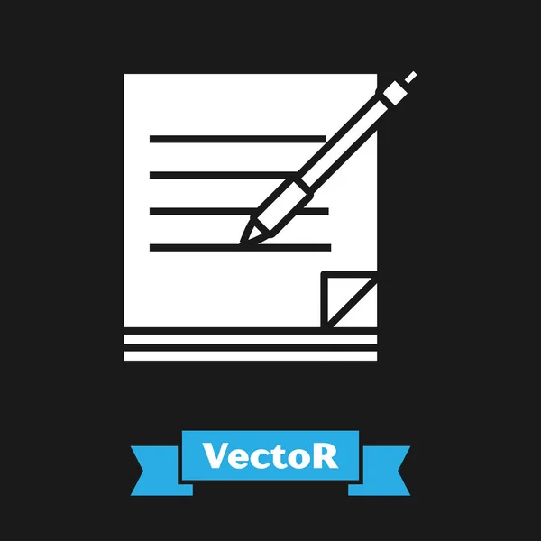 Weißes leeres Notizbuch und Stift-Symbol isoliert auf schwarzem Hintergrund. Papier und Stift. Vektorillustration — Stockvektor