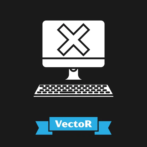 Weißer Computer mit Tastatur und x-Zeichen-Symbol isoliert auf schwarzem Hintergrund. Fehlerfenster, Exit-Taste, Abbruch, 404 Fehlerseite nicht gefunden Konzept. Vektorillustration — Stockvektor