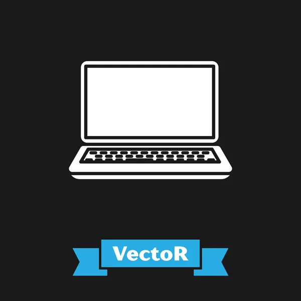 Icono del portátil blanco aislado sobre fondo negro. Computadora portátil con pantalla vacía. Ilustración vectorial — Archivo Imágenes Vectoriales