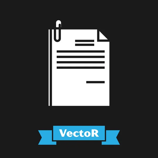 Documento de archivo blanco e icono de clip de papel aislados sobre fondo negro. Icono de lista de verificación. Concepto de negocio. Ilustración vectorial — Vector de stock