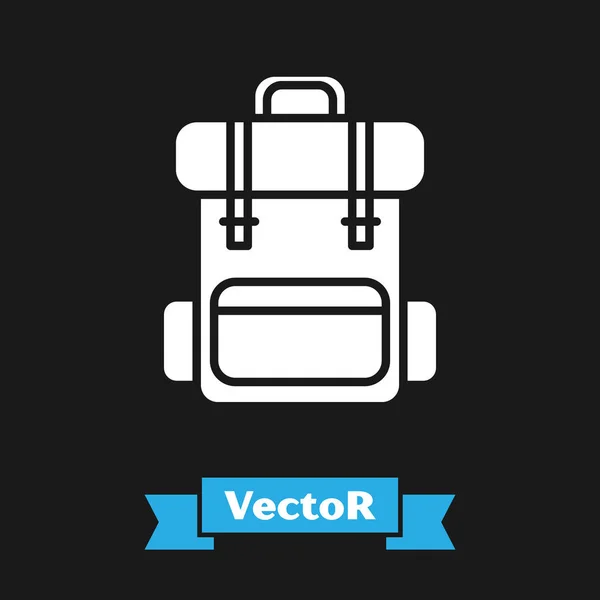 Weißes Wanderrucksack-Symbol isoliert auf schwarzem Hintergrund. Camping- und Bergwanderrucksack. Vektorillustration — Stockvektor