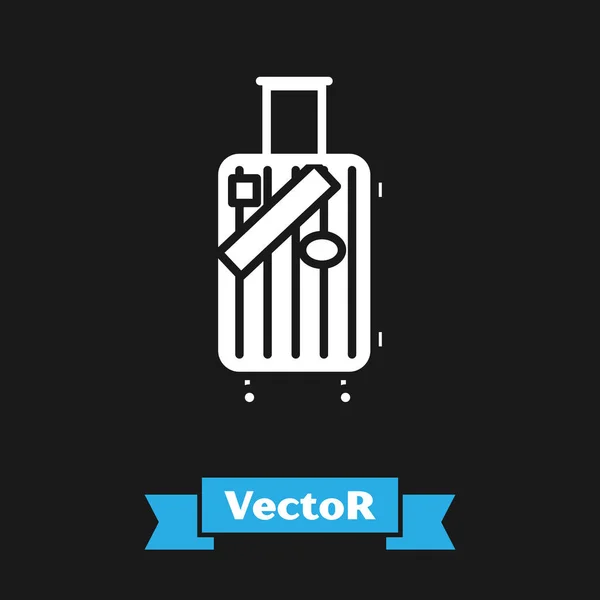 Maleta blanca para viajar y pegatinas icono aislado sobre fondo negro. Señal de equipaje de viaje. Icono de equipaje de viaje. Ilustración vectorial — Vector de stock