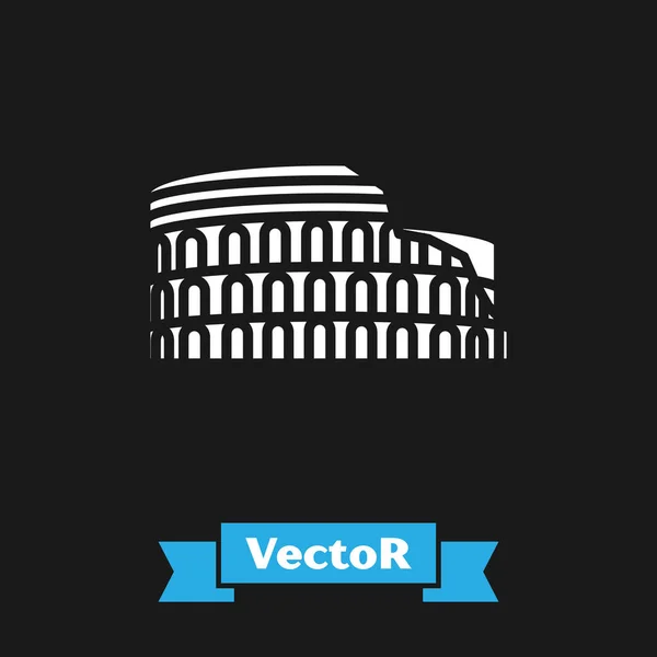 Coliseu branco em Roma, ícone Itália isolado sobre fundo preto. Sinal do Coliseu. Símbolo da Roma Antiga, lutas de gladiadores. Ilustração vetorial — Vetor de Stock