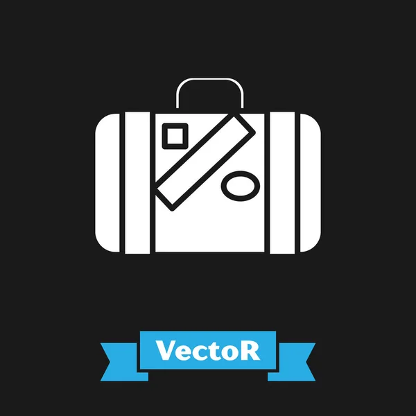 White Suitcase for travel and stickers icon isolated on black background. Traveling baggage sign. Travel luggage icon. Vector Illustration — Stock Vector