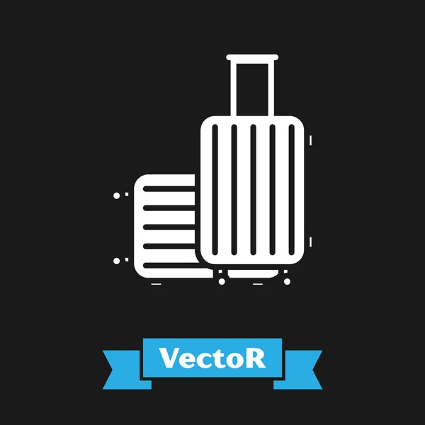 White Suitcase for travel icon isolated on black background. Traveling baggage sign. Travel luggage icon. Vector Illustration — Stock Vector