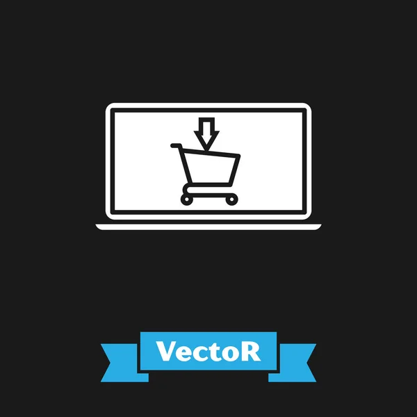 Carrito de compras blanco en pantalla icono portátil aislado sobre fondo negro. Concepto e-commerce, e-business, marketing online. Ilustración vectorial — Vector de stock