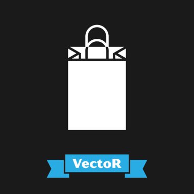 Siyah arkaplanda beyaz kağıt alışveriş torbası simgesi var. Paket işareti. Vektör İllüstrasyonu