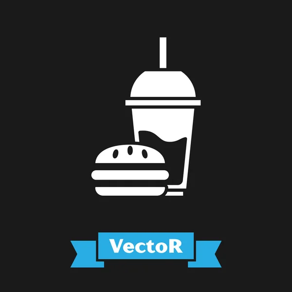 White Paper glass with drinking straw and burger icon isolated on black background. Soda aqua drink sign. Hamburger, cheeseburger sandwich. Vector Illustration