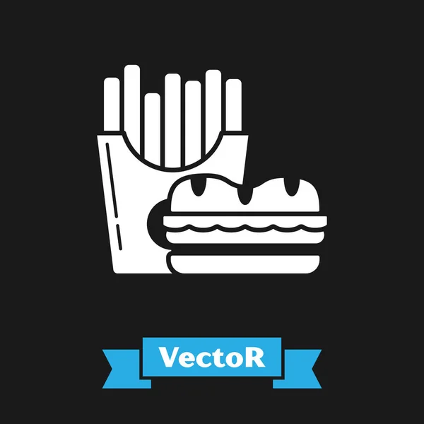 Burger blanc et frites dans une boîte de carton icône isolée sur fond noir. Hamburger, burger, sandwich cheeseburger. Menu de restauration rapide. Illustration vectorielle — Image vectorielle