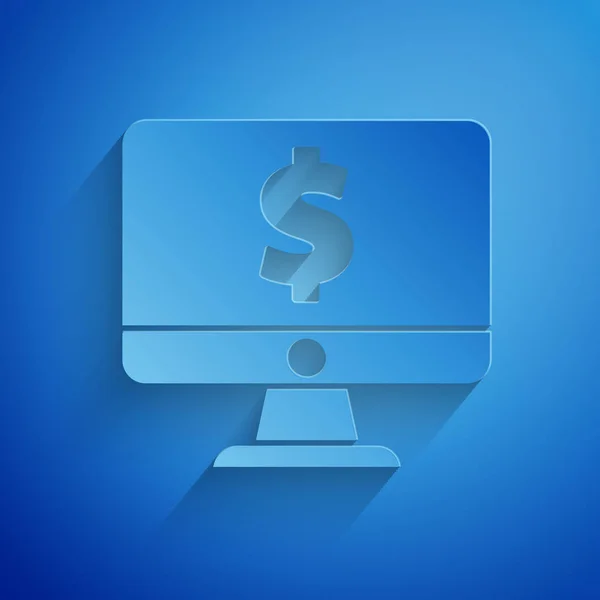Corte de papel Monitor de computadora con icono de símbolo de dólar aislado sobre fondo azul. Concepto de compras online. Ganancias en Internet, marketing. Estilo de arte de papel. Ilustración vectorial — Archivo Imágenes Vectoriales