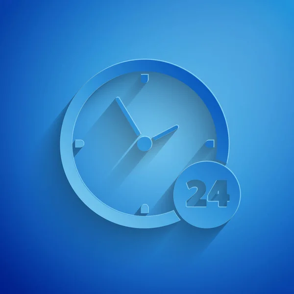 Бумага вырезать часы значок 24 часа изолированы на синем фоне. Целый день циклическая икона. 24 часа сервисный символ. Бумажный стиль. Векторная миграция — стоковый вектор