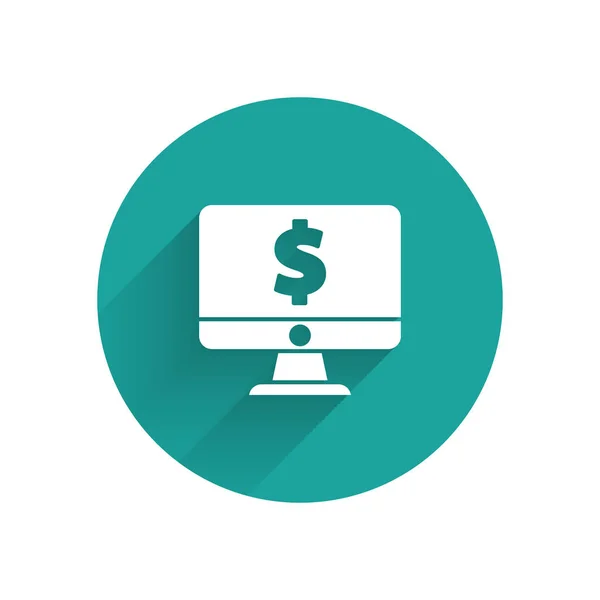 Bílý počítač – ikona symbolu dolaru izolovaná s dlouhým stínem. Online nákupní koncepce. Výdělky na internetu, marketing. Tlačítko zeleného kruhu. Vektorová ilustrace — Stockový vektor
