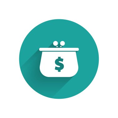 Beyaz cüzdan ile dolar sembol simgesi uzun gölge ile izole. Cüzdan simgesi. Nakit tasarruf sembolü. Yeşil daire düğmesi. Vektör Illustration