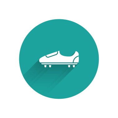 Uzun gölge ile izole beyaz futbol veya sivri simgesi ile futbol ayakkabıları. Amerikan futbol botu. Yeşil daire düğmesi. Vektör Illustration