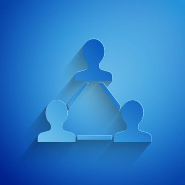 Kağıt kesilmiş proje takım tabanı simgesi mavi arka planda yalıtılmış. İş Analizi ve planlama, danışmanlık, takım çalışmaları, proje yönetimi. Geliştiriciler. Kağıt sanatı tarzı. Vektör Illustration