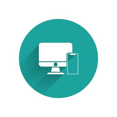 Beyaz bilgisayar monitörü ve uzun gölge ile izole cep telefonu simgesi. Internet, pazarlama kazançlar. Yeşil daire düğmesi. Vektör Illustration