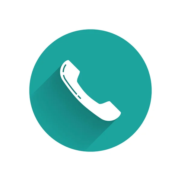 Icône du combiné téléphonique blanc isolé avec une ombre longue. Signe téléphonique. Bouton rond vert. Illustration vectorielle — Image vectorielle