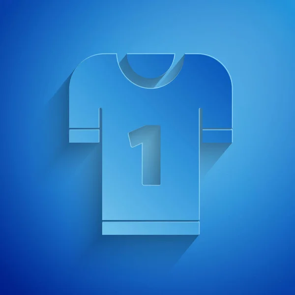 Papiergeschnittenes amerikanisches Fußballtrikot-Symbol auf blauem Hintergrund. Fußballeinheitszeichen. Papierkunst. Vektorillustration — Stockvektor