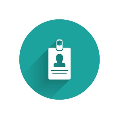 Beyaz tanımlama rozeti simgesi uzun gölge ile yalıtılmış. Bu sunum, şirketin kimliği, reklam için kullanılabilir. Yeşil daire düğmesi. Vektör Illustration