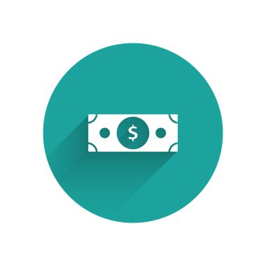 White Stacks kağıt para ikonu uzun gölgeli izole. Para desteleri. Para birimi. Yeşil daire düğmesi. Vektör İllüstrasyonu