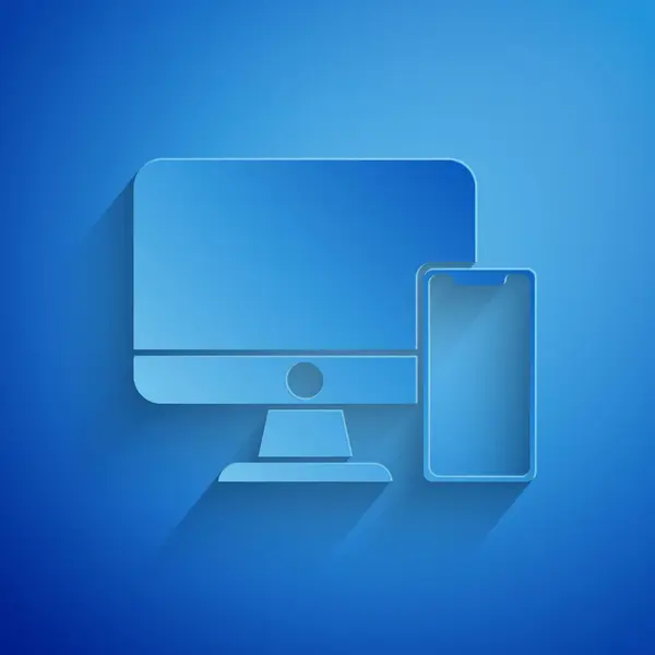 Wycinanie papieru monitor komputera i ikona telefonu komórkowego izolowane na niebieskim tle. Zarobki w Internecie, marketingu. Styl Artystyczny papieru. Ilustracja wektorowa — Wektor stockowy