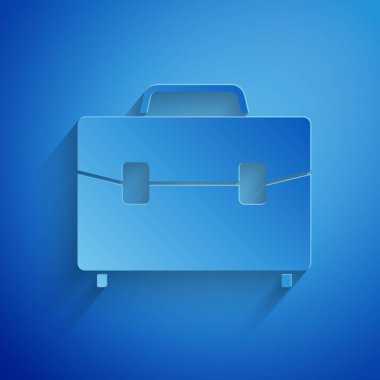 Kağıt kesme evrak çantası simgesi mavi arka planda yalıtılmış. İş davası işareti. İş portföyü. Kağıt sanatı tarzı. Vektör Illustration
