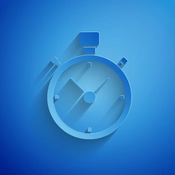 Papírvágás Stopwatch ikon elszigetelt kék háttérrel. Időzítő jel. Kronométer jel. Papírművészeti stílus. Vektorillusztráció — Stock Vector