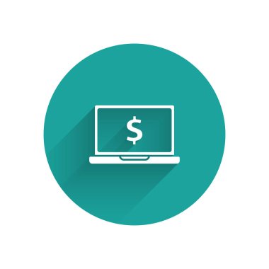 Beyaz laptop dolar sembol simgesi ile uzun gölge izole. Online alışveriş konsepti. Internet, pazarlama kazançlar. Yeşil daire düğmesi. Vektör Illustration